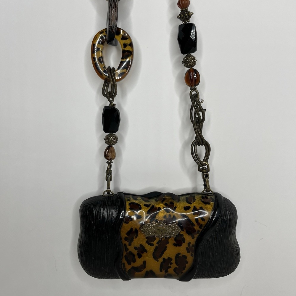 MAYA EVANGELISTA Beaded Black Leopard Resin Hard Case Shoulder Bag Vintage